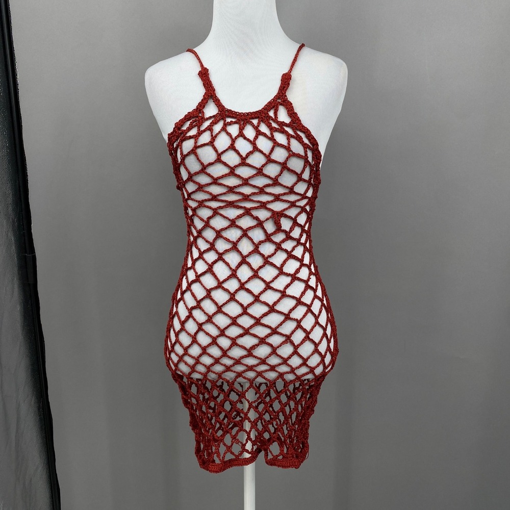 Zara Crochet Fishnet Macrame Dress Womens L-XL Brick Red Beach Coverup Halter